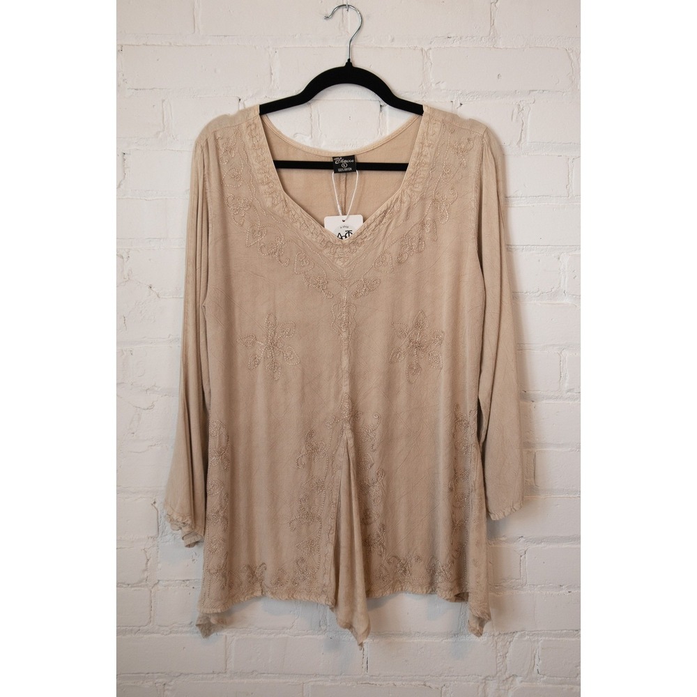 My Choice Tan Embroidered V-Neck Rayon Tunic Top Sharkbite Hem Large
